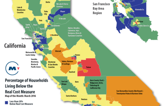 Map of CA percentage of households living below the real cost measure