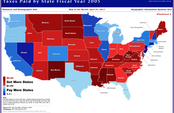 map of federal spending received per dollar of taxes paid by state 2005