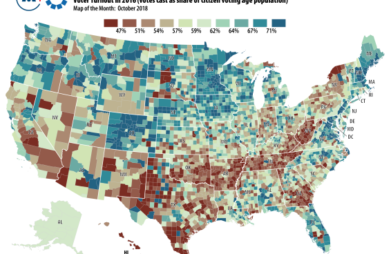 US Map of voter turnout in 2016