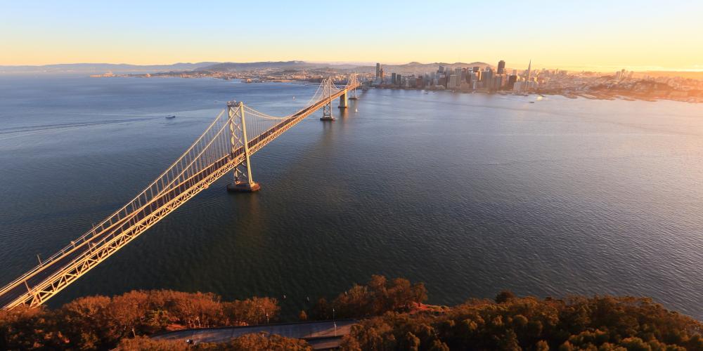 Image of the Bay Bridge from Yerba Buena Island looking at San Francisco