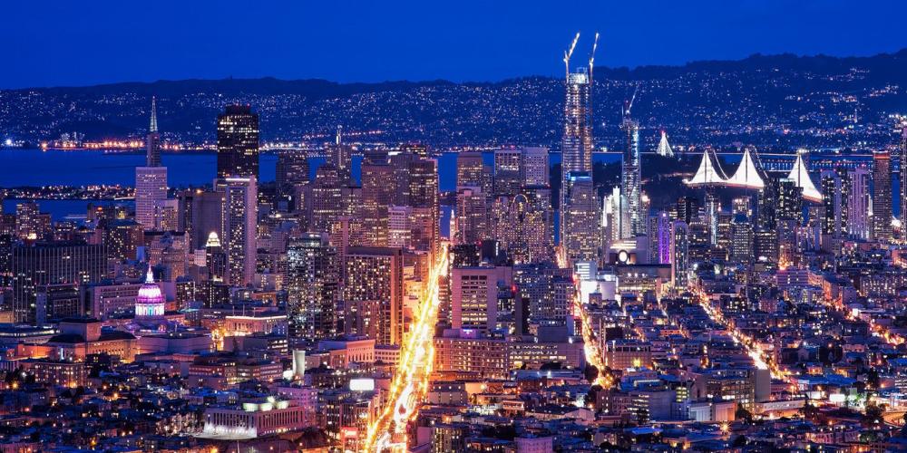 Overhead view of San Francisco skyline and the bay. 