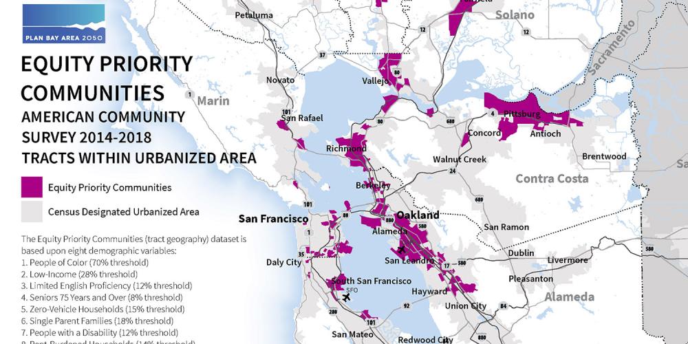 Screen capture of the Equity Priority Communities map in Plan Bay Area 2050.