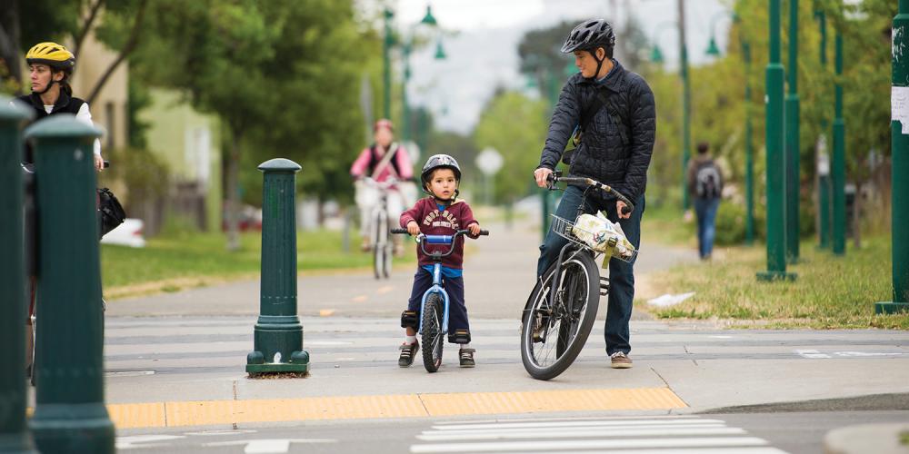 A man and his young child wait on their bicycles at a crosswalk.