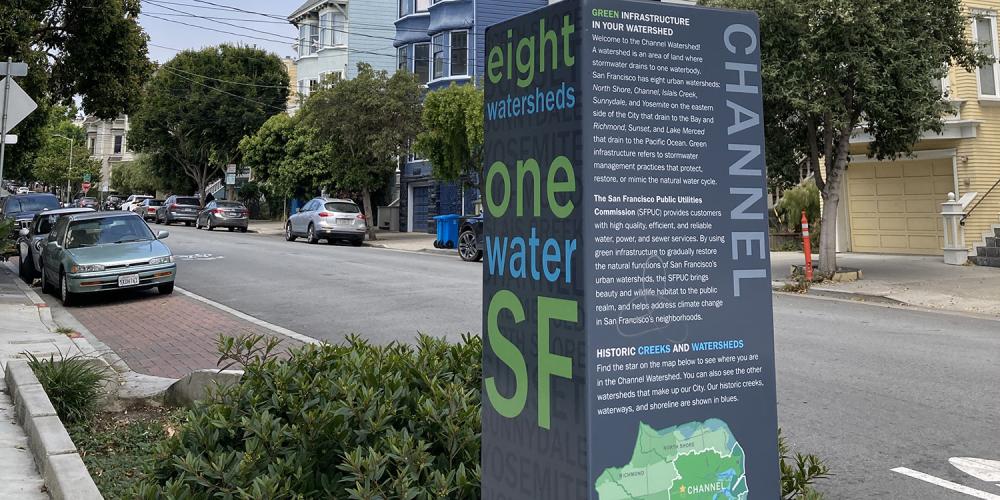 A sign indicating the presence of the water shed and natural filtering for stormwater runoff water in San Francisco.