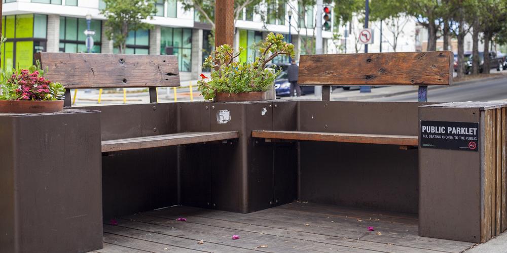 A parklet with benches in San Francisco.