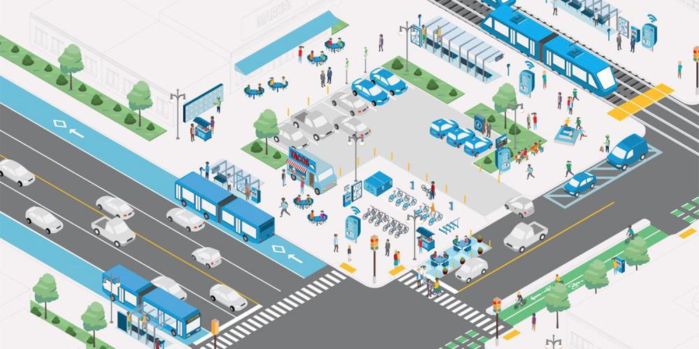 Illustration of a potential mobility hub, with public transit, bike share, car share, parking and restaurants.