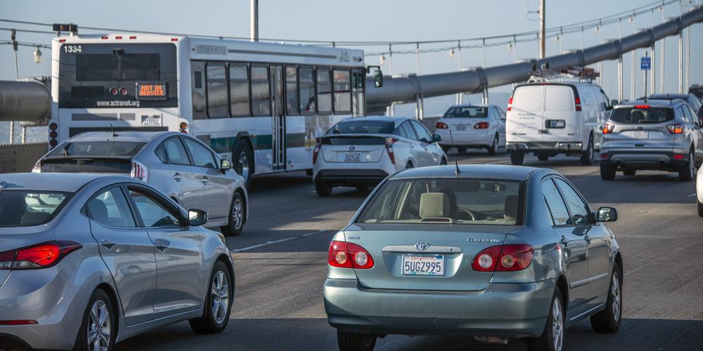 Heavy traffic on the San Francisco-Oakland Bay Bridge.