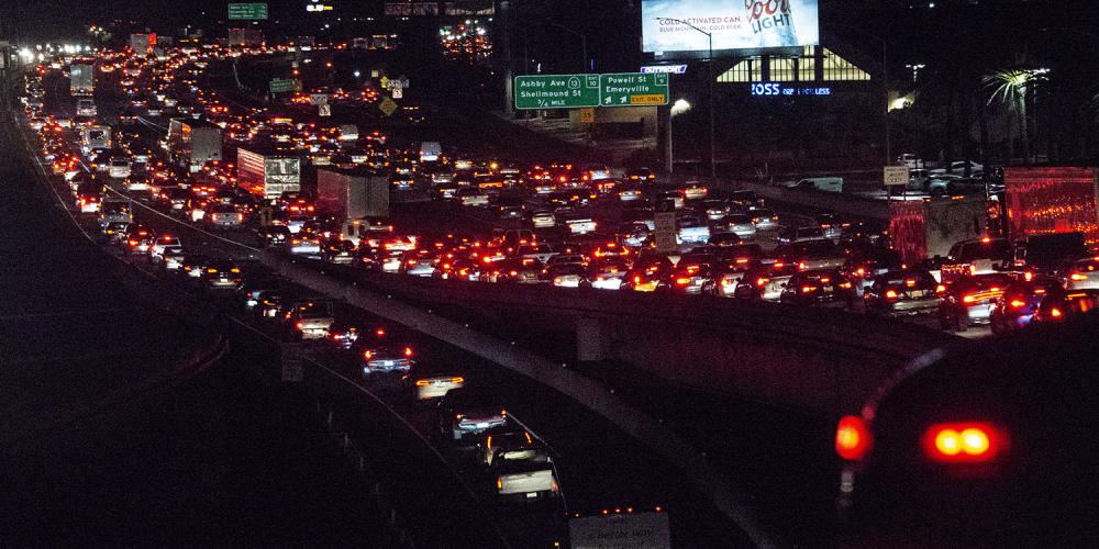 Heavy traffic at night on Interstate 80.