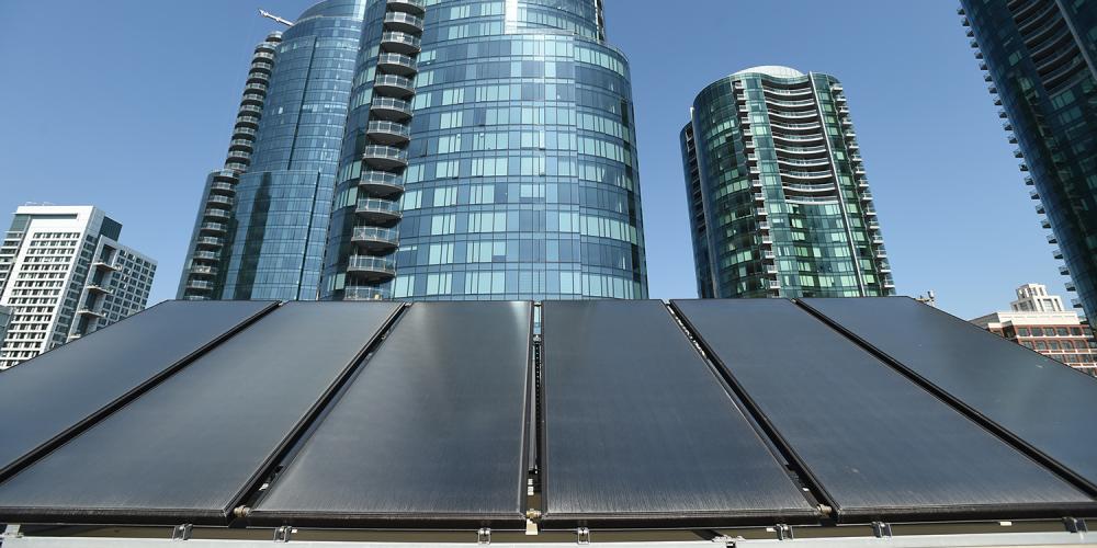 Solar panels on the roof of the Bay Area Metro Center in San Francisco.