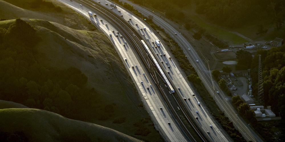 Aerial over Interstate 580 in Alameda County.