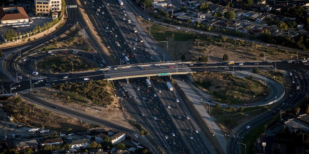 Aerial over a highway in San Mateo County.