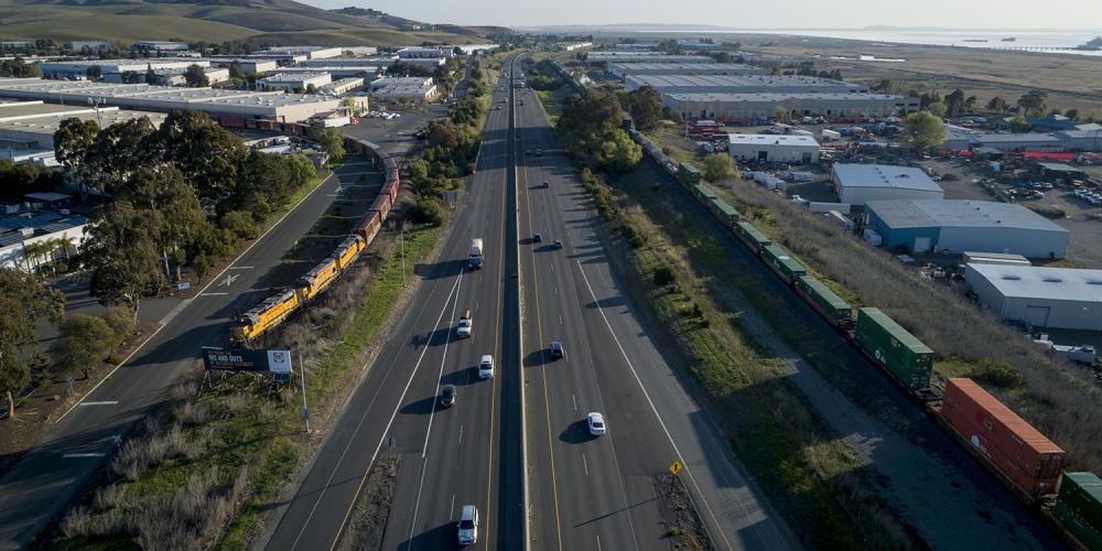 Aerial over a highway in Solano County.