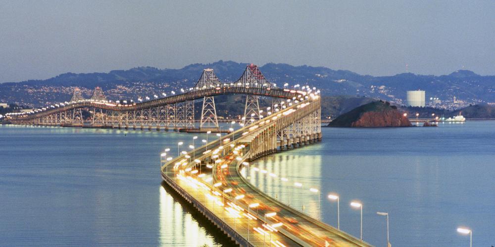 Richmond-San Rafael Bridge at dusk.