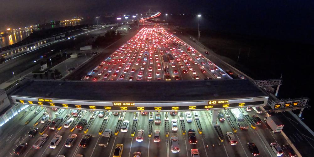Heavy nighttime traffic on the San Francisco-Oakland Bay Bridge.