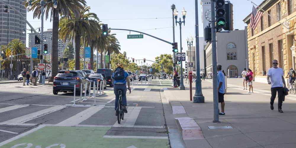 A bicycle lane, pedestrian crosswalk and wide sidewalk along the Embarcadero in San Francisco.