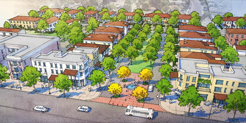 Aerial rendering of a high density housing development.