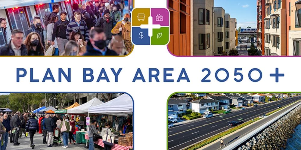 collage of photos representing the plan bay area elements of transportation, housing, environment and economy