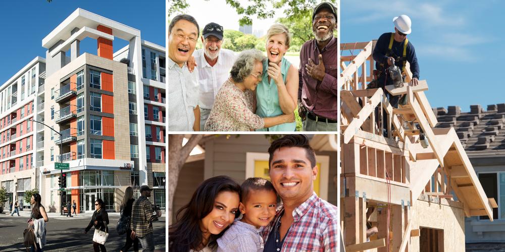 A collage of images: families, a mid-rise city apartment building, and a single-family home under construction