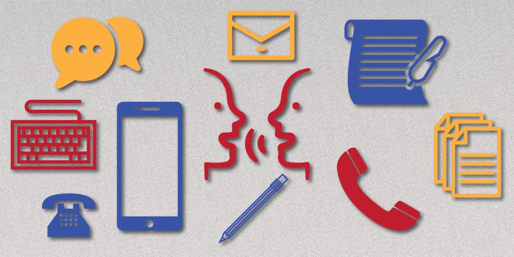 icons showing modes of communication, telephone, keyboard, people talking, texting, writing letters