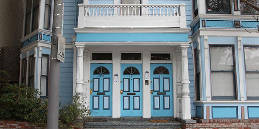 Blue doors on an Edwardian house in San Francisco, CA