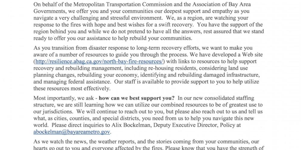 Letter entitled North Bay Wildfire Response