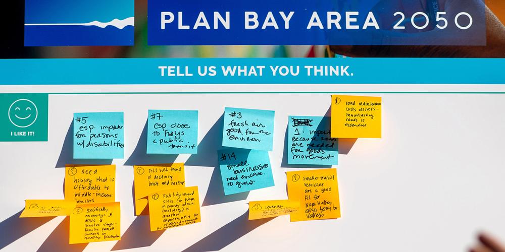 Comments on sticky notes during a Plan bay Area 2050 public engagement event