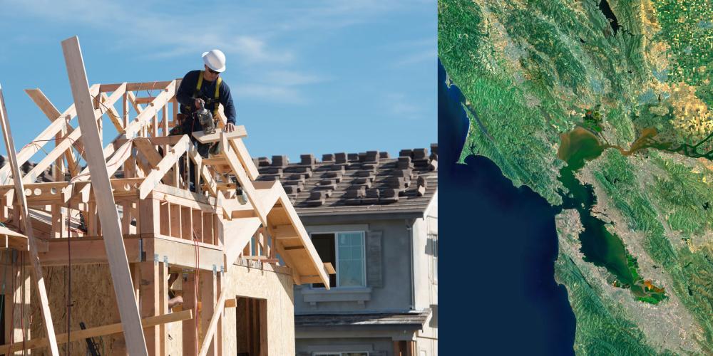 image includes two photos, one of a man wearing a hard hat sawing a wood on a roof under construction; the second part is an aerial shot of the San Francisco Bay Area