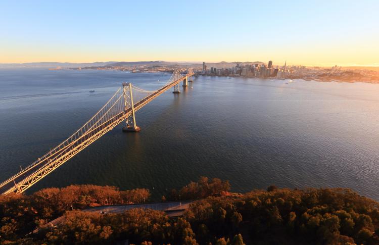 Image of the Bay Bridge from Yerba Buena Island looking at San Francisco