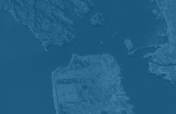 Blue-toned satellite photo of the Bay Area