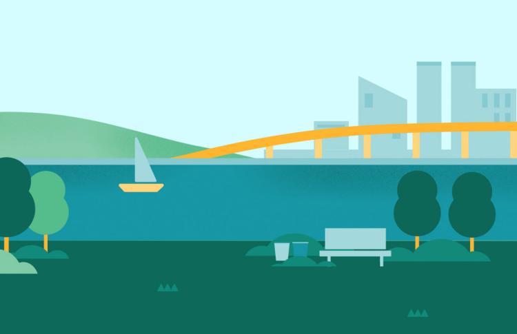 graphic image of the San Francisco Bay and a skyline of buildings