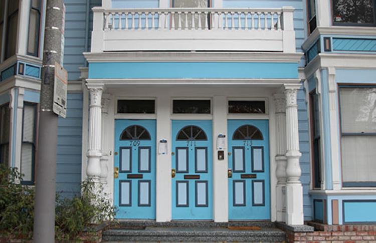 Blue doors on an Edwardian house in San Francisco, CA