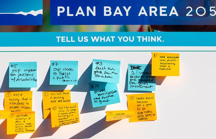 Comments on sticky notes during a Plan bay Area 2050 public engagement event