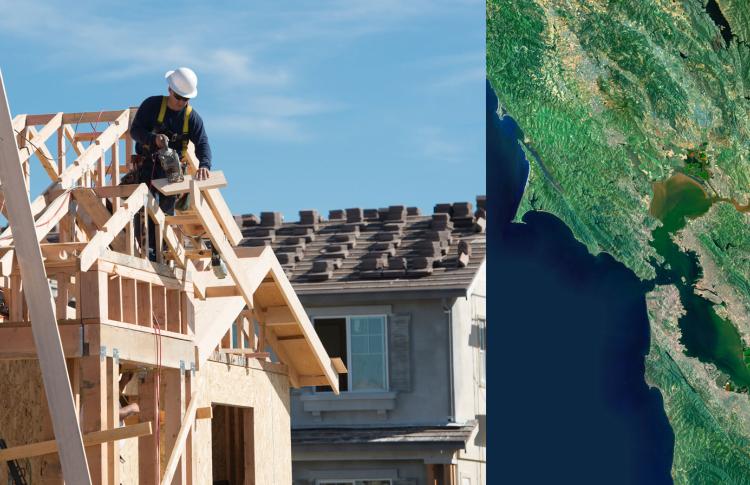 image includes two photos, one of a man wearing a hard hat sawing a wood on a roof under construction; the second part is an aerial shot of the San Francisco Bay Area