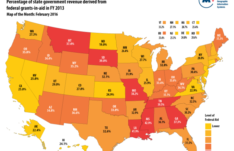 US Map of states that rely on the most federal aid. 