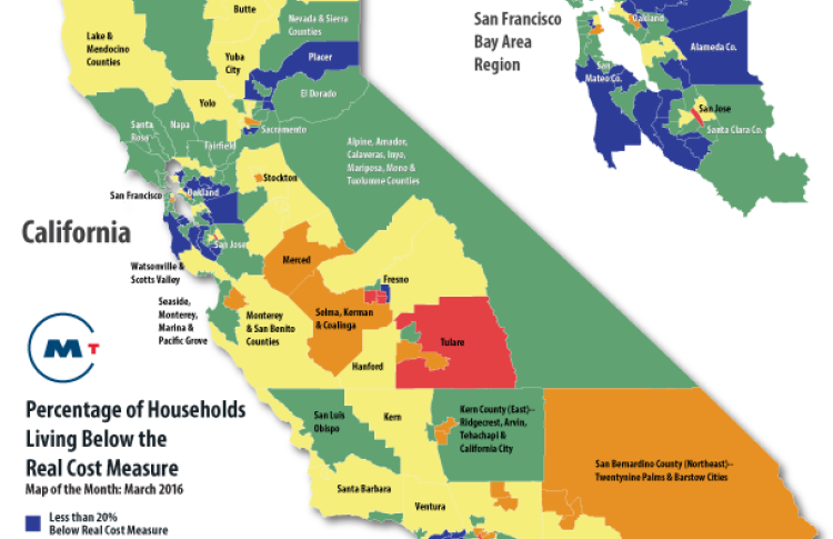 Map of CA percentage of households living below the real cost measure
