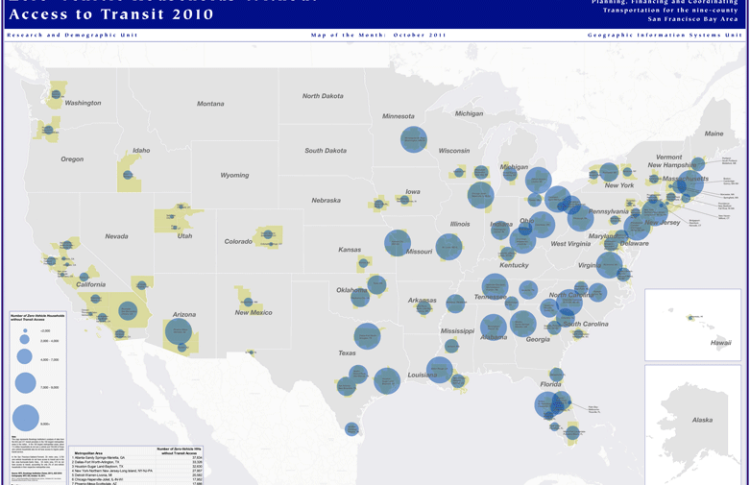 US Map of Zero Vehicle Households without access to transit 