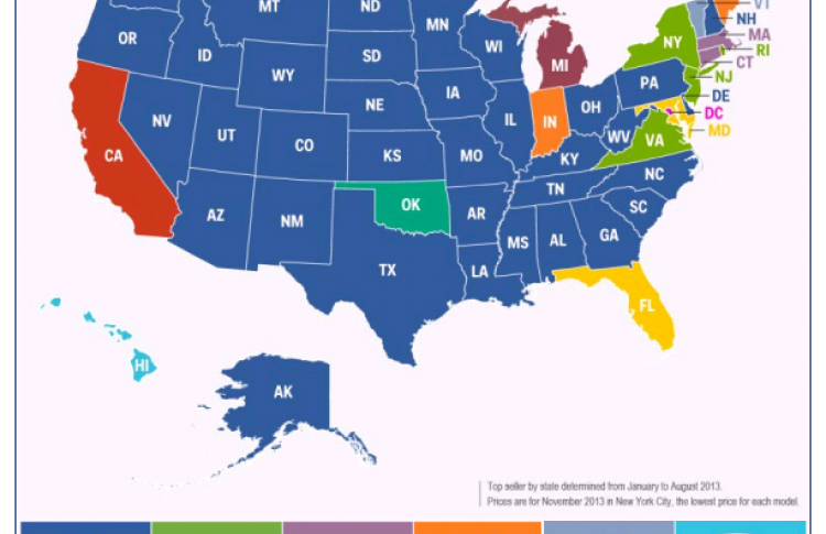 map of best selling cars in every state