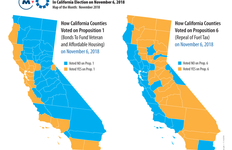 Map of voting on Propositions 1 and 6 in 2018