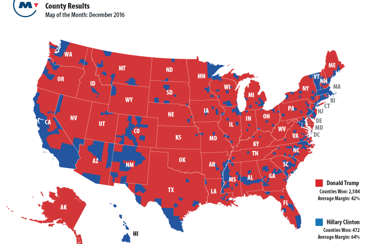 map showing 2016 presidential election national results in red and blue by county 
