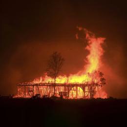 A wooden building in Sonoma is burned by wildfire.